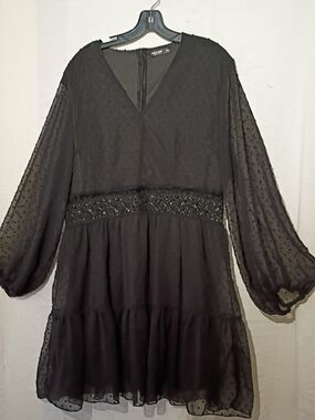 SHEIN Black Sheer Long-Sleeve Tiered Midi Dress, Sz 18, NWOT